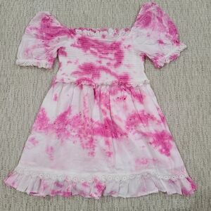 Topshop Womens Pink Tie-dye Cotton Dress Smocked Babydoll Eyelet Trim Sz 8Very